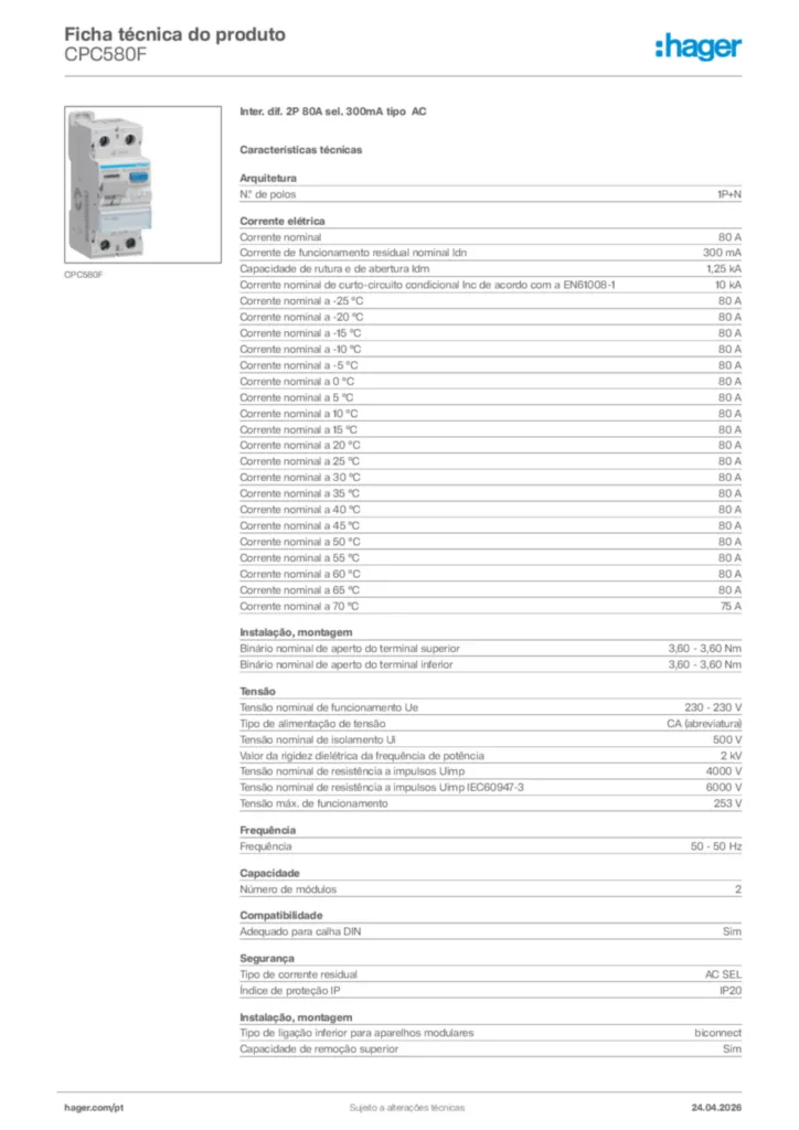 Imagem Hager Ficha técnica do produto CPC580F | Hager Portugal