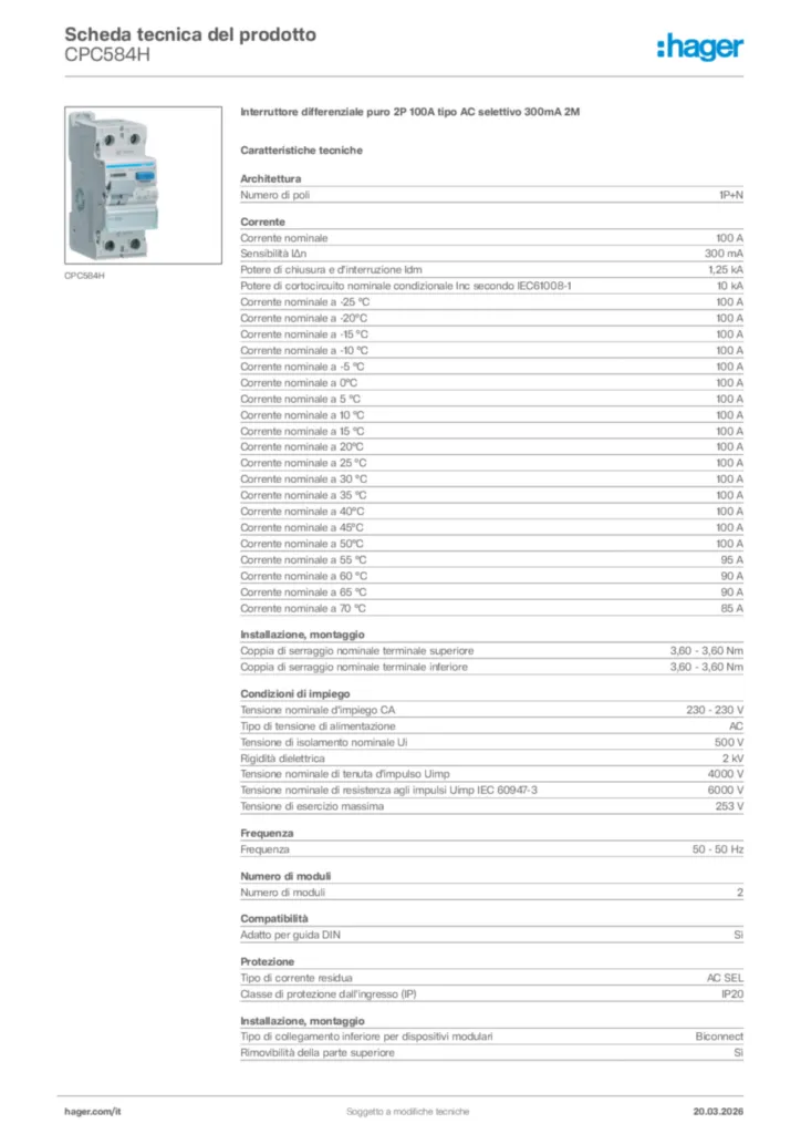 Immagine Hager Scheda tecnica del prodotto CPC584H | Hager Italia