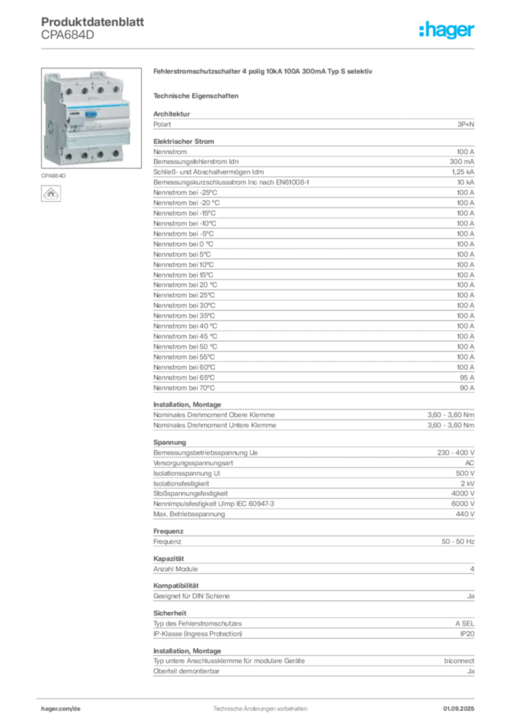 Hager Produktdatenblatt CPA684D