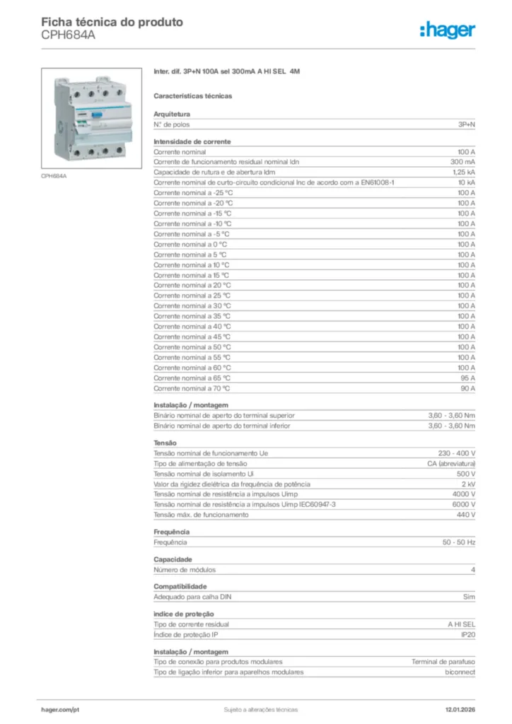 Imagem Hager Ficha técnica do produto CPH684A | Hager Portugal