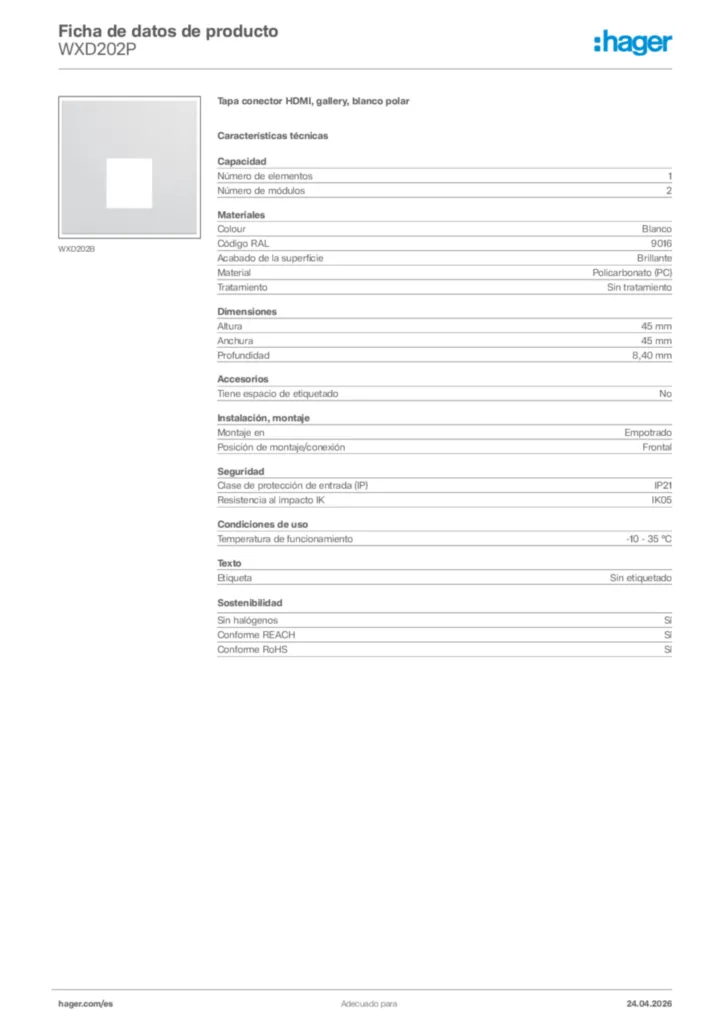 Imagen Hager Ficha de datos de producto WXD202P | Hager España