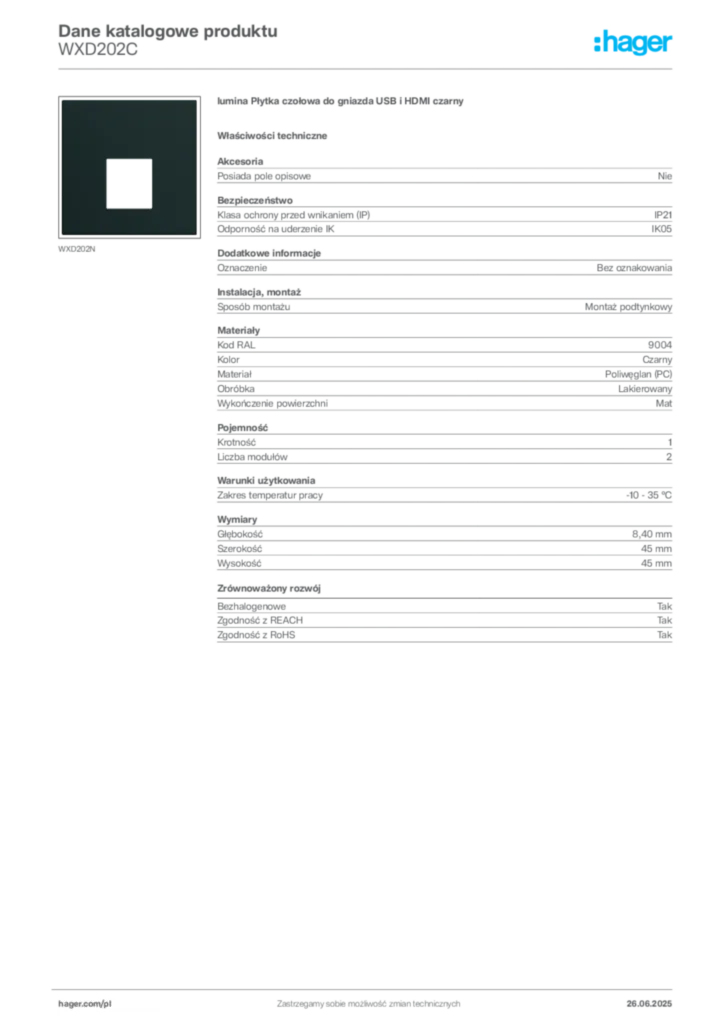 Zdjęcie Hager Dane katalogowe produktu WXD202C | Hager Polska