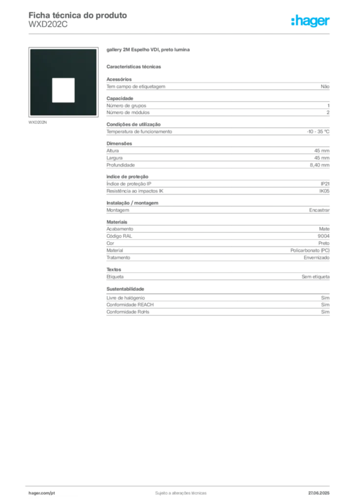 Imagem Hager Ficha técnica do produto WXD202C | Hager Portugal