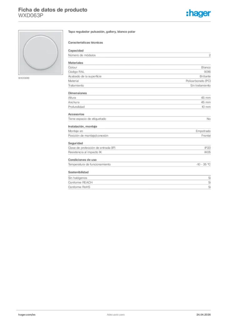 Imagen Hager Ficha de datos de producto WXD063P | Hager España