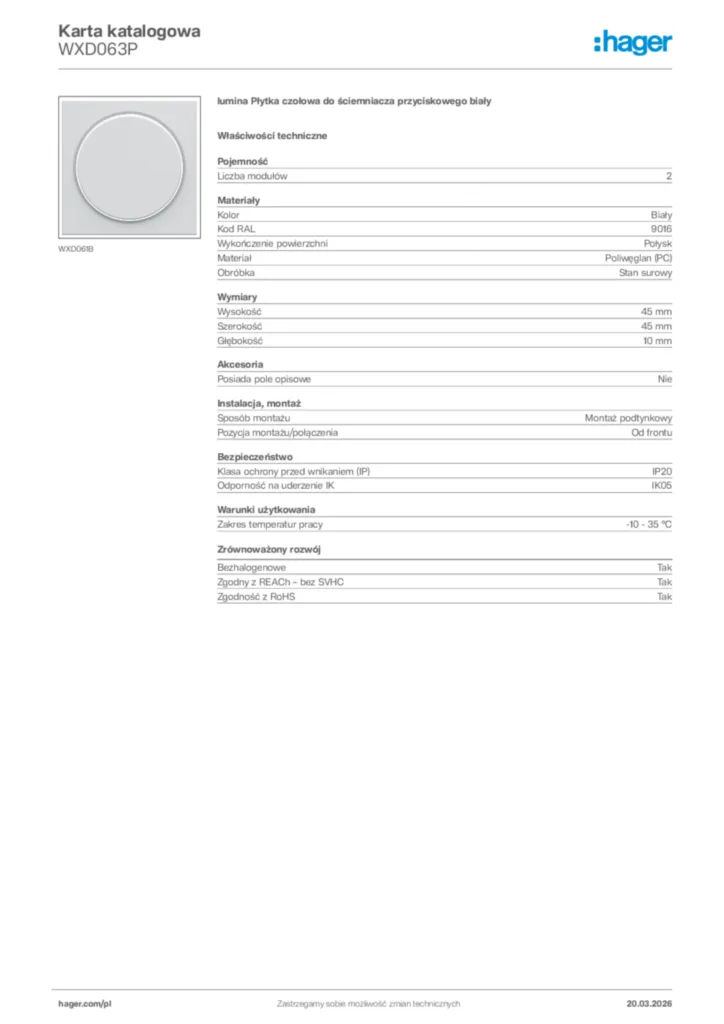 Zdjęcie Hager Karta katalogowa WXD063P | Hager Polska