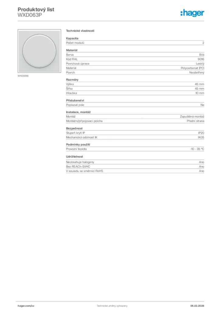 Obrázek Hager Product data sheet WXD063P | Hager