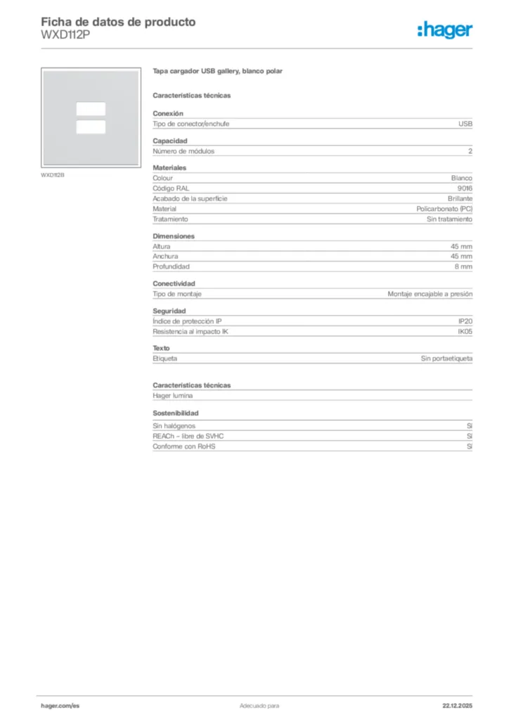 Imagen Hager Ficha de datos de producto WXD112P | Hager España