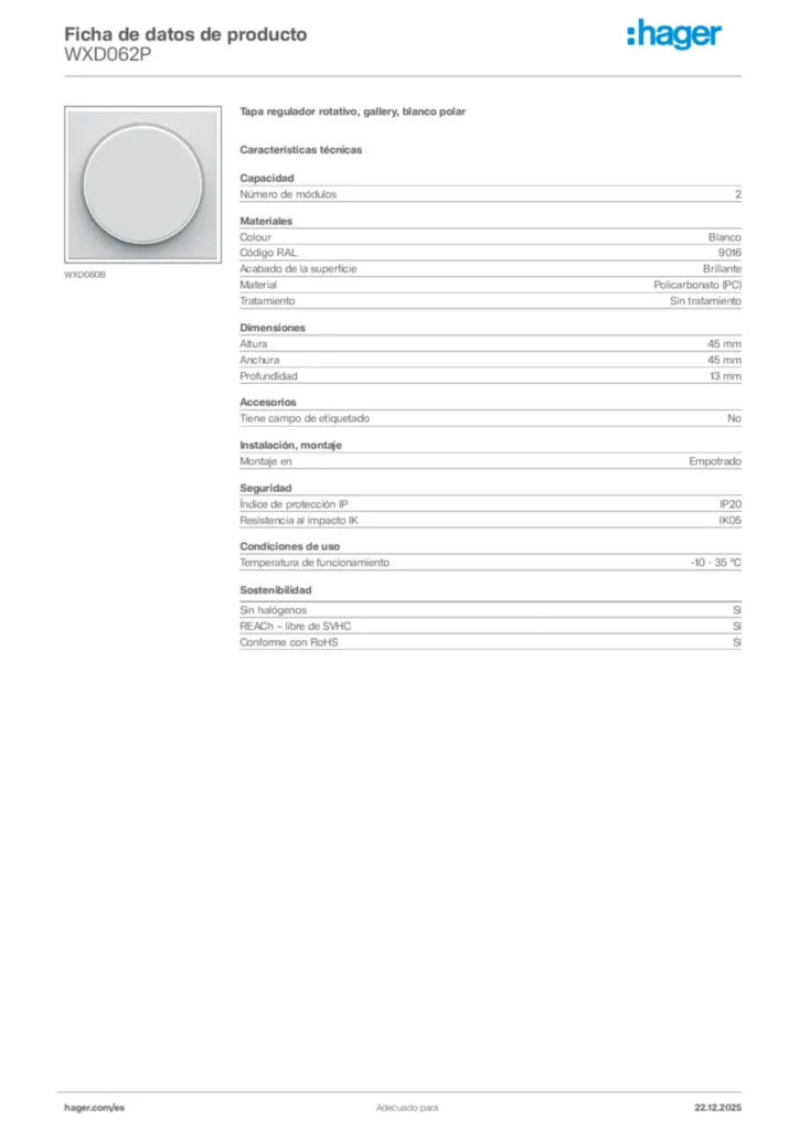 Imagen Hager Ficha de datos de producto WXD062P | Hager España