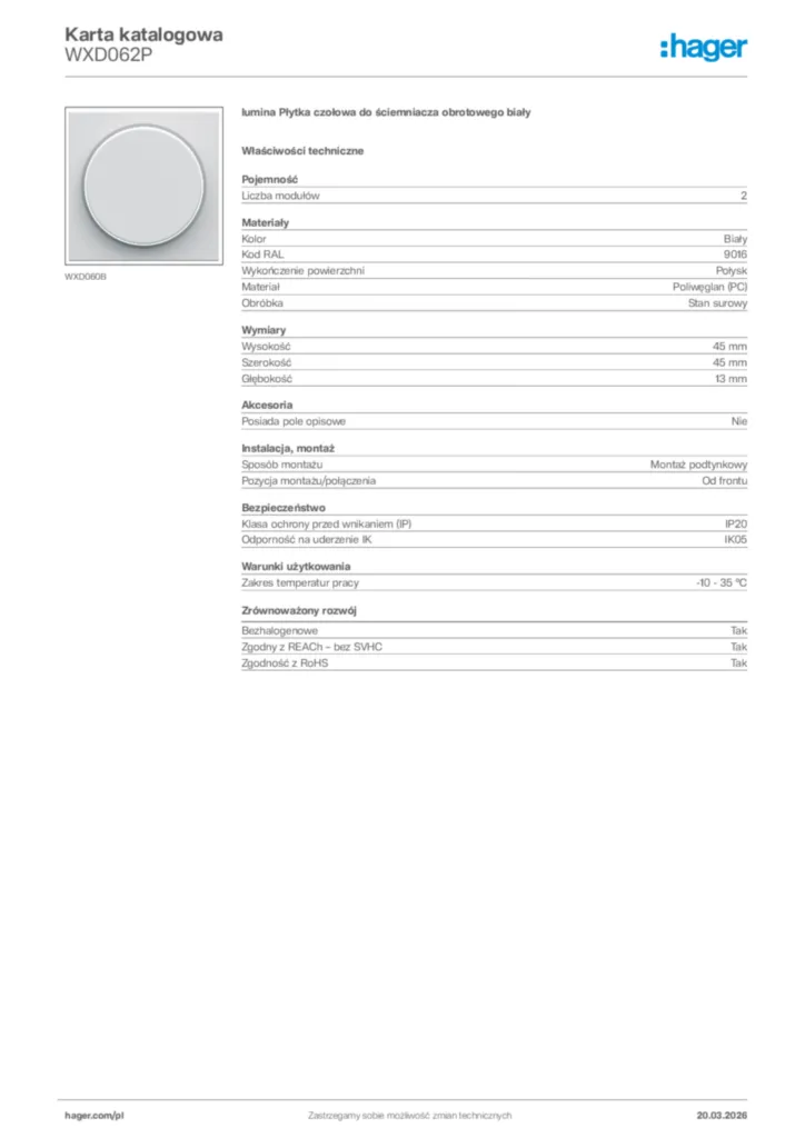 Zdjęcie Hager Karta katalogowa WXD062P | Hager Polska