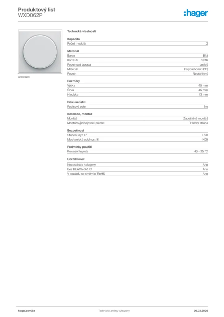 Obrázek Hager Product data sheet WXD062P | Hager