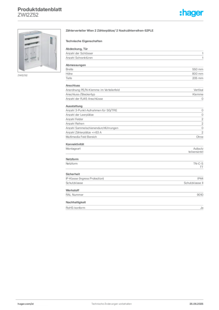 Bild Hager Produktdatenblatt ZWI2Z52 | Hager Deutschland