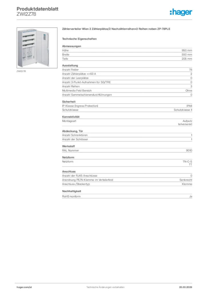 Bild Hager Produktdatenblatt ZWI2Z78 | Hager Deutschland