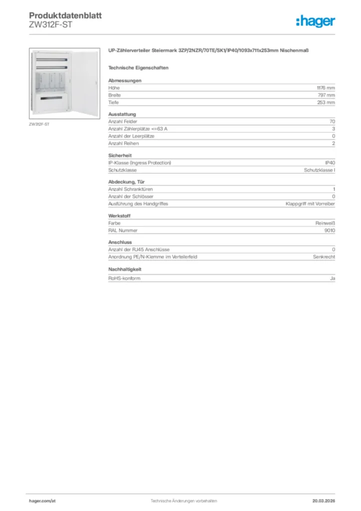 Bild Hager Produktdatenblatt ZW312F-ST | Hager Deutschland