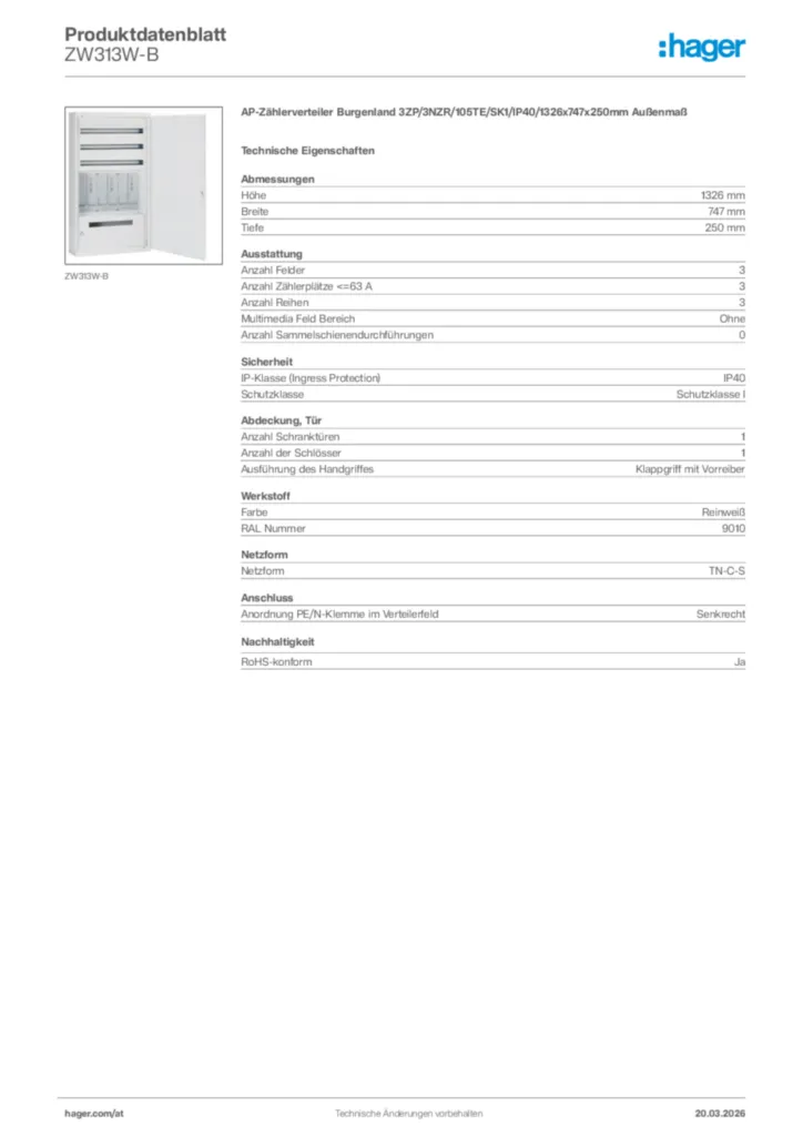 Bild Hager Produktdatenblatt ZW313W-B | Hager Deutschland