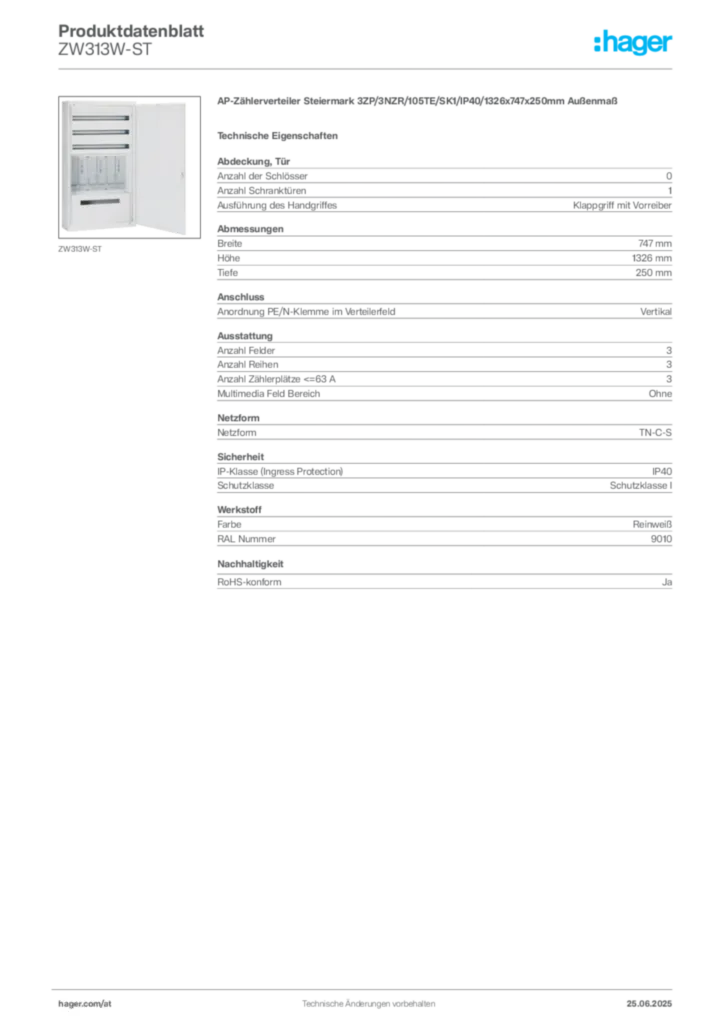 Bild Hager Produktdatenblatt ZW313W-ST | Hager Deutschland
