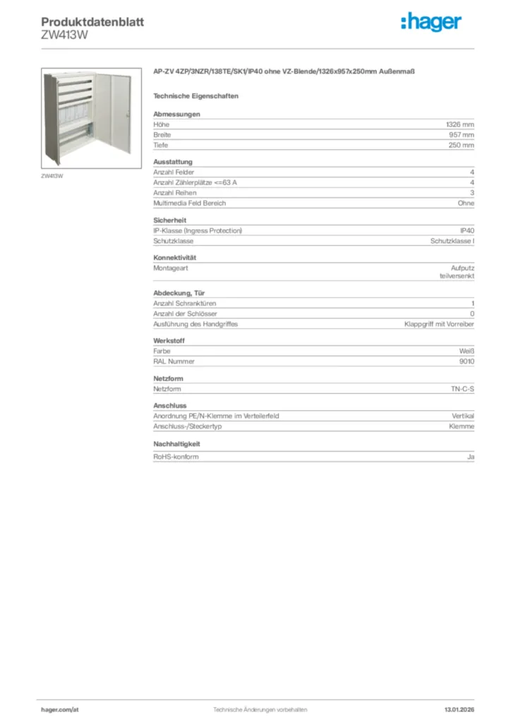 Bild Hager Produktdatenblatt ZW413W | Hager Deutschland