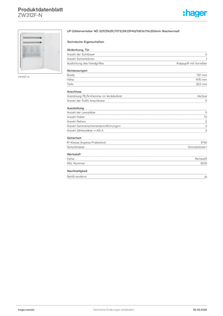 Bild Hager Produktdatenblatt ZW312F-N | Hager Deutschland
