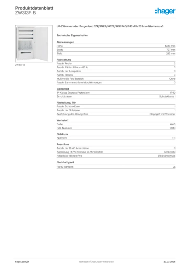 Bild Hager Produktdatenblatt ZW313F-B | Hager Deutschland