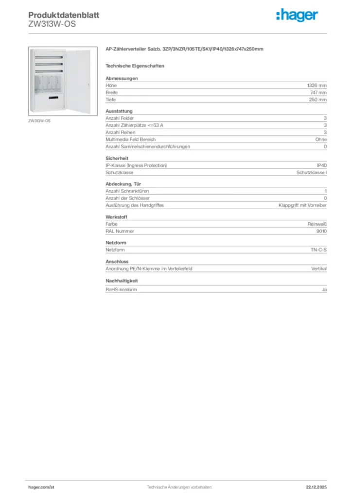 Bild Hager Produktdatenblatt ZW313W-OS | Hager Deutschland
