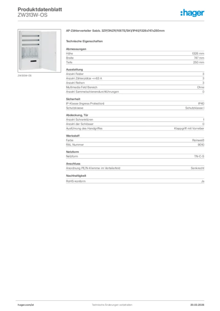 Bild Hager Produktdatenblatt ZW313W-OS | Hager Deutschland