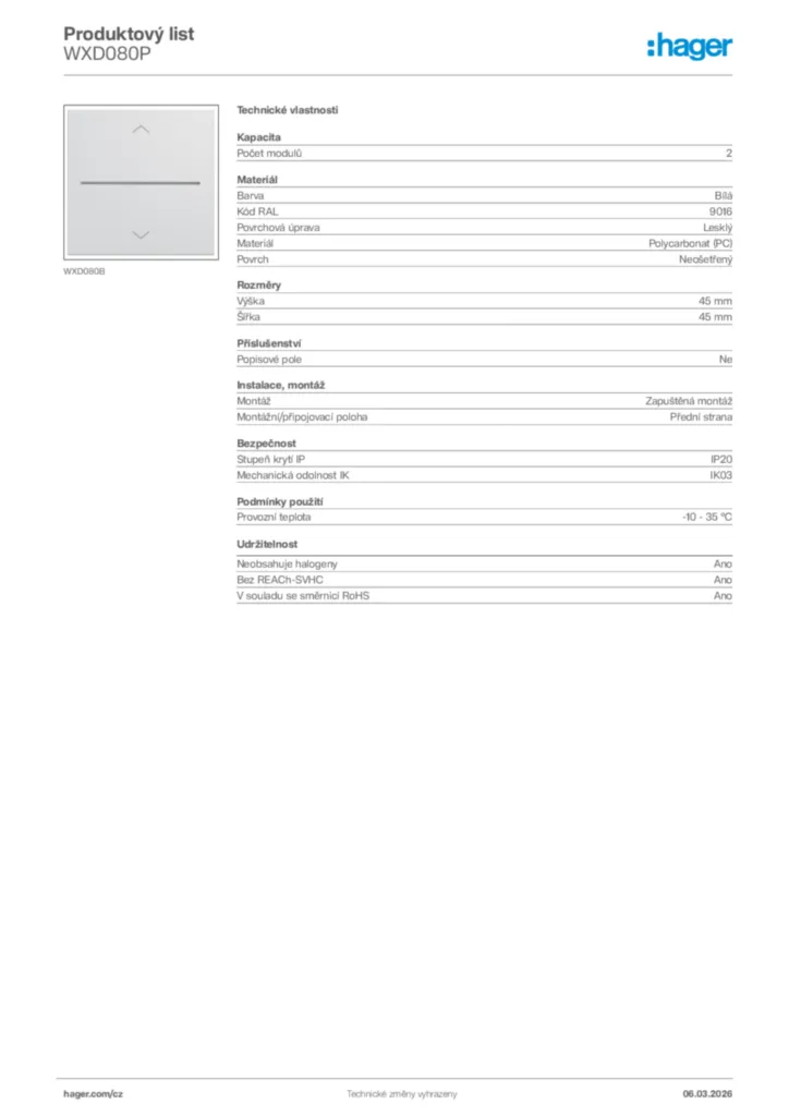 Obrázek Hager Product data sheet WXD080P | Hager