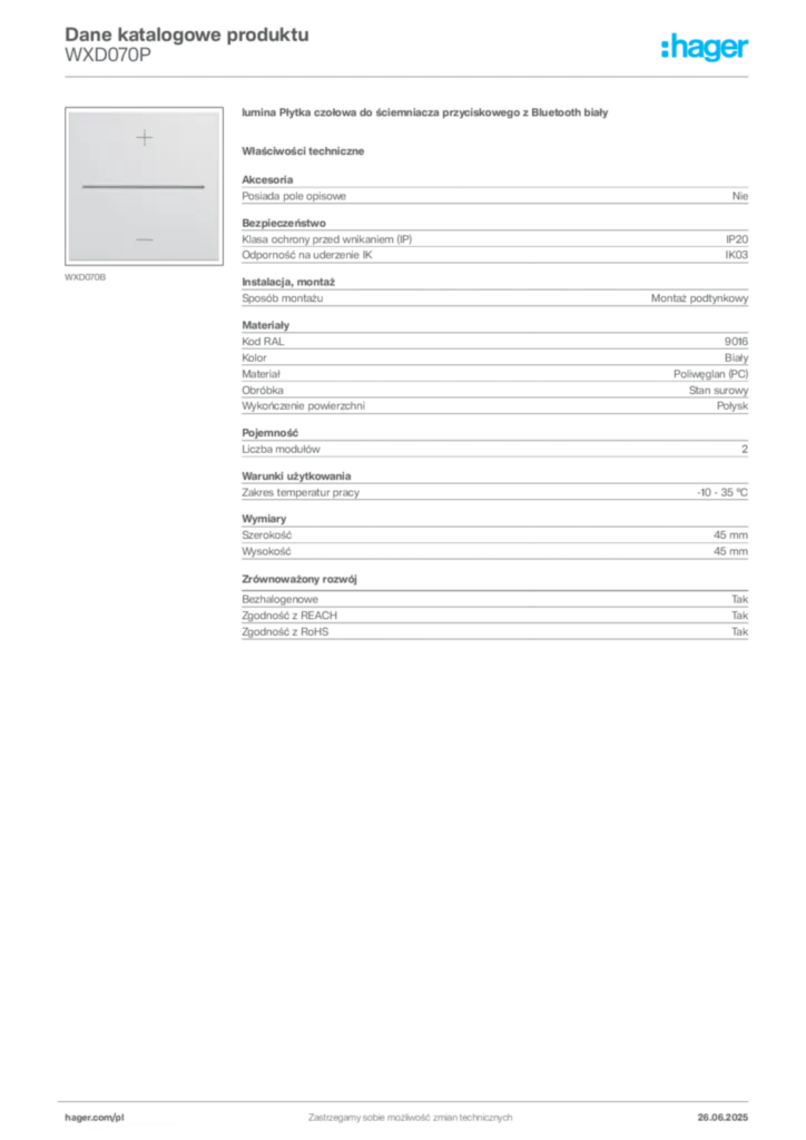 Zdjęcie Hager Dane katalogowe produktu WXD070P | Hager Polska