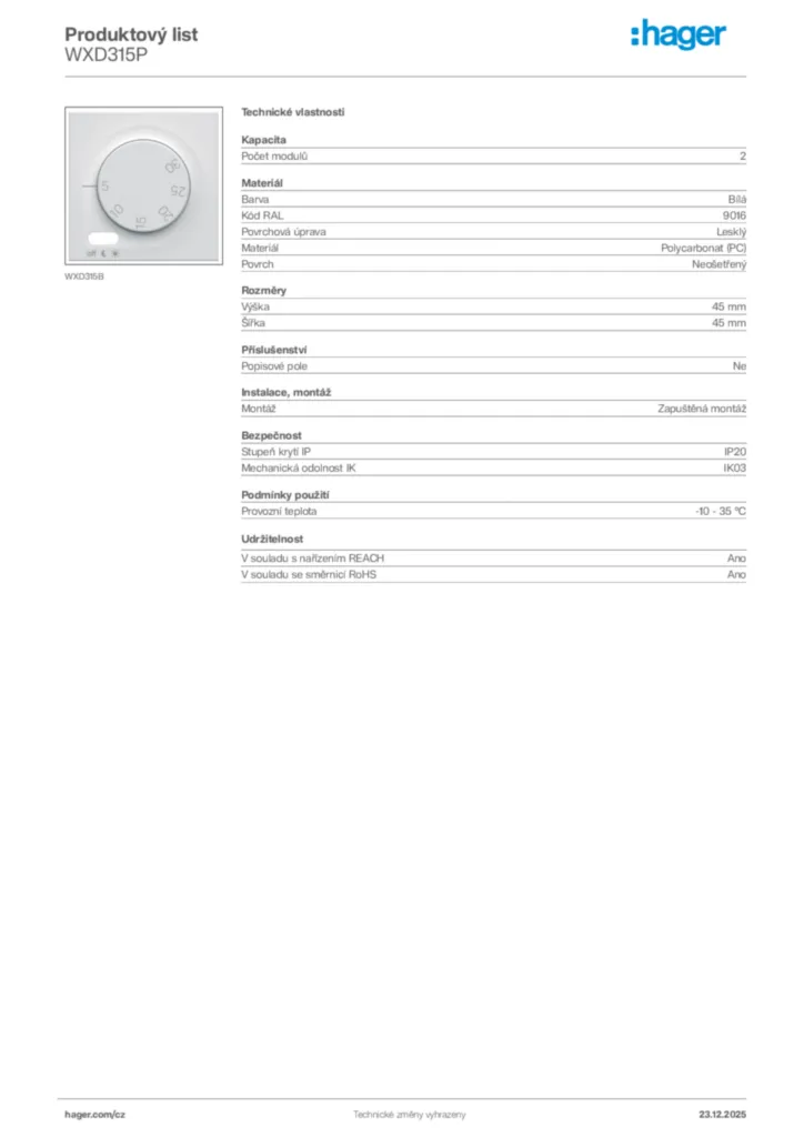Obrázek Hager Product data sheet WXD315P | Hager