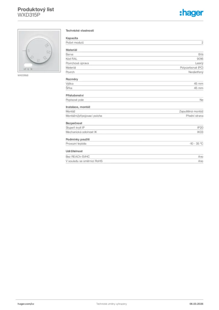 Obrázek Hager Product data sheet WXD315P | Hager
