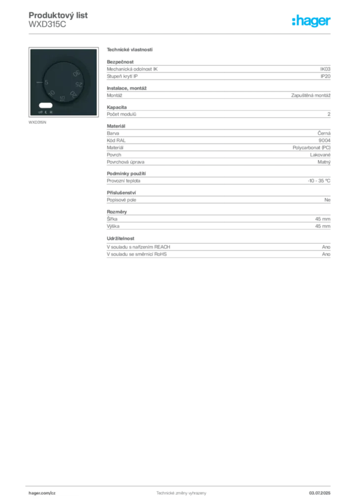 Obrázek Hager Product data sheet WXD315C | Hager
