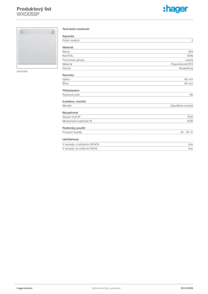 Obrázek Hager Product data sheet WXD055P | Hager