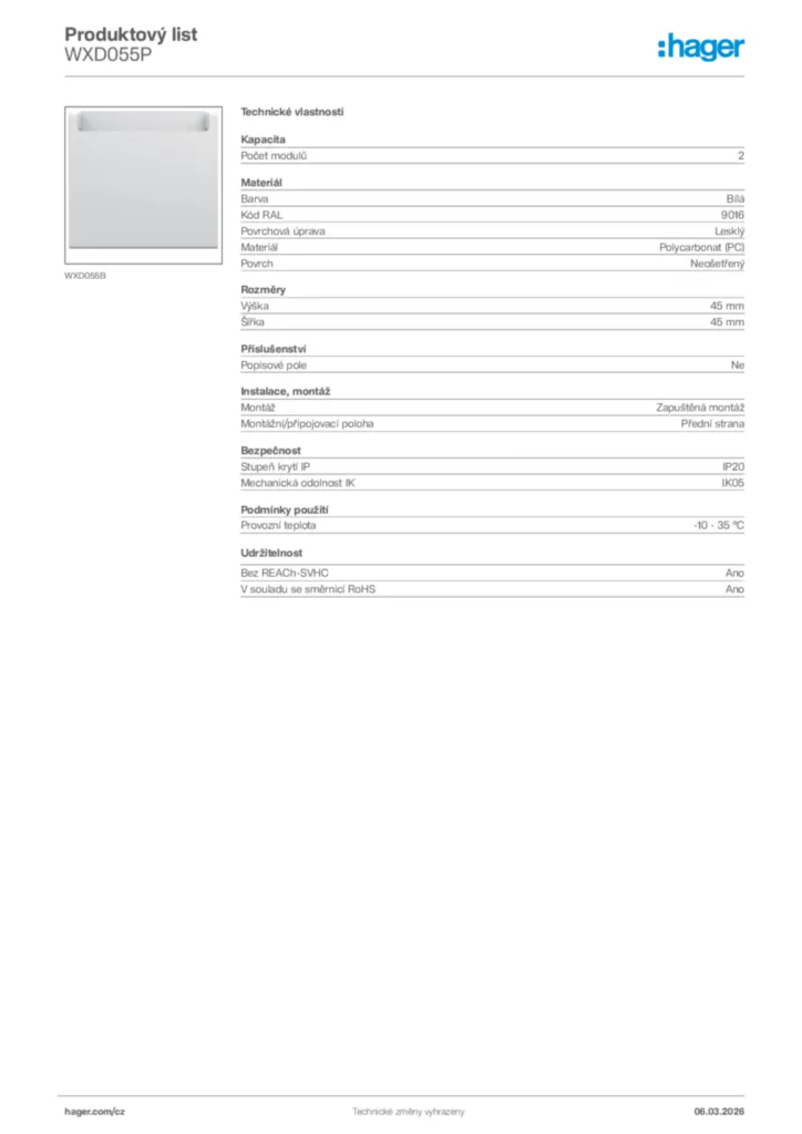 Obrázek Hager Product data sheet WXD055P | Hager