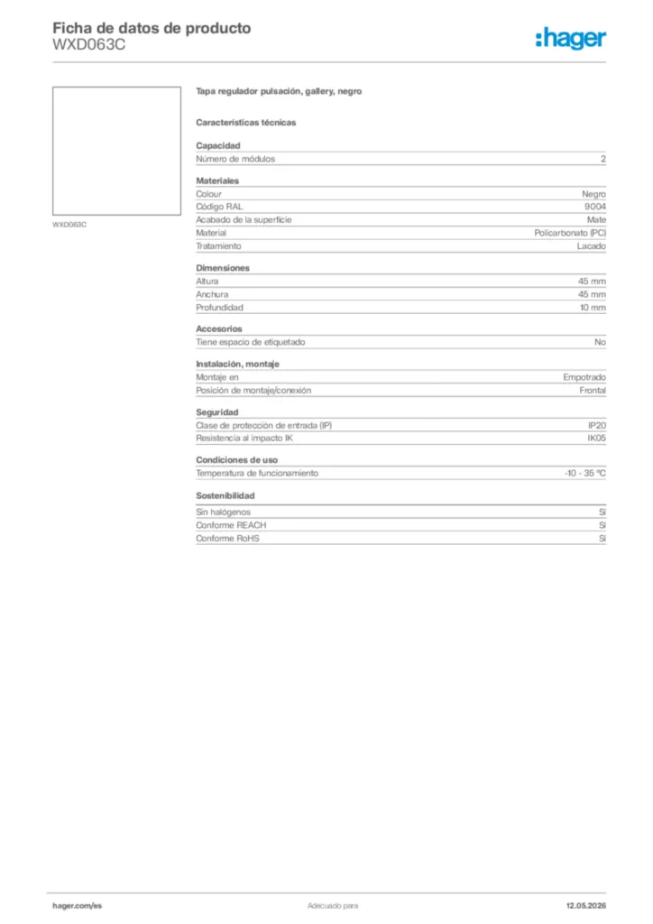 Imagen Hager Ficha de datos de producto WXD063C | Hager España