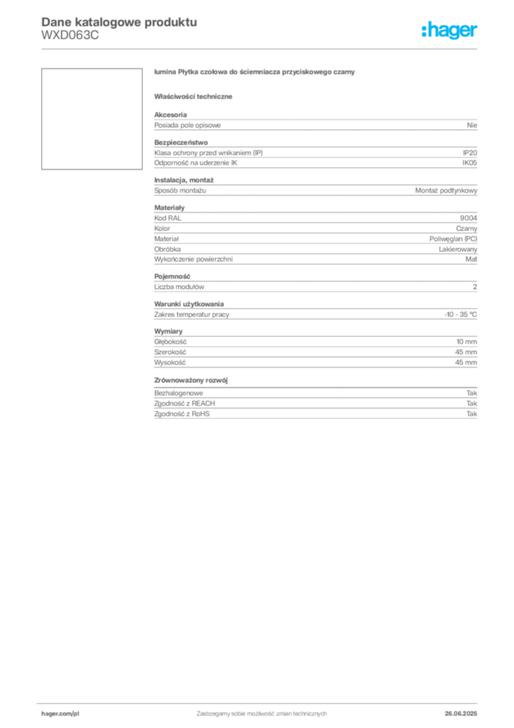 Zdjęcie Hager Dane katalogowe produktu WXD063C | Hager Polska