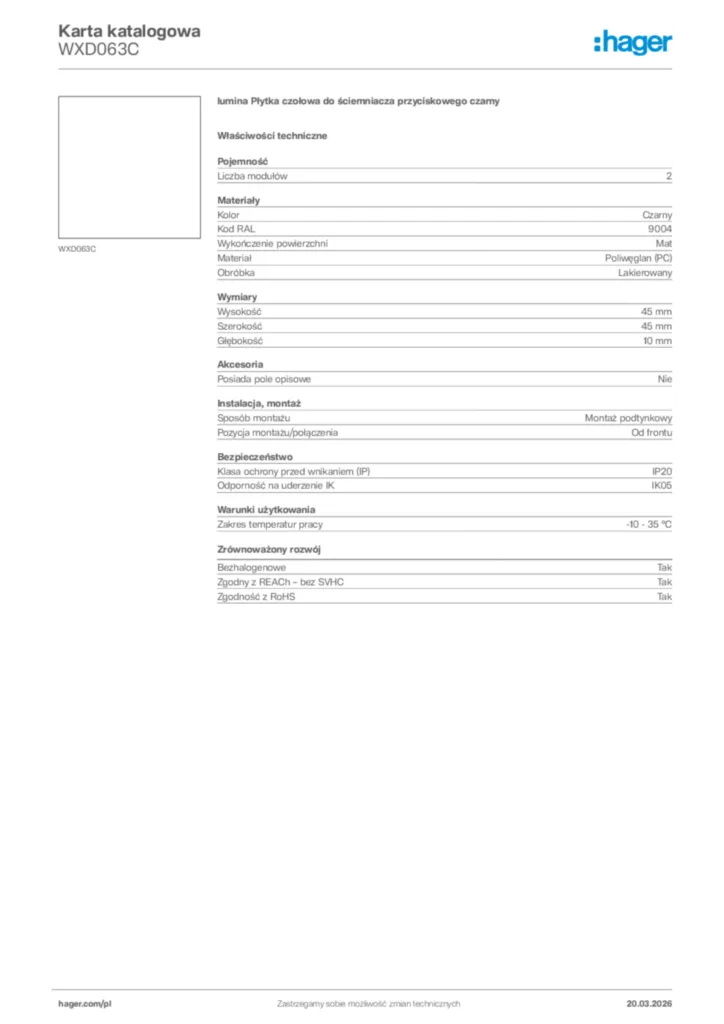 Zdjęcie Hager Karta katalogowa WXD063C | Hager Polska