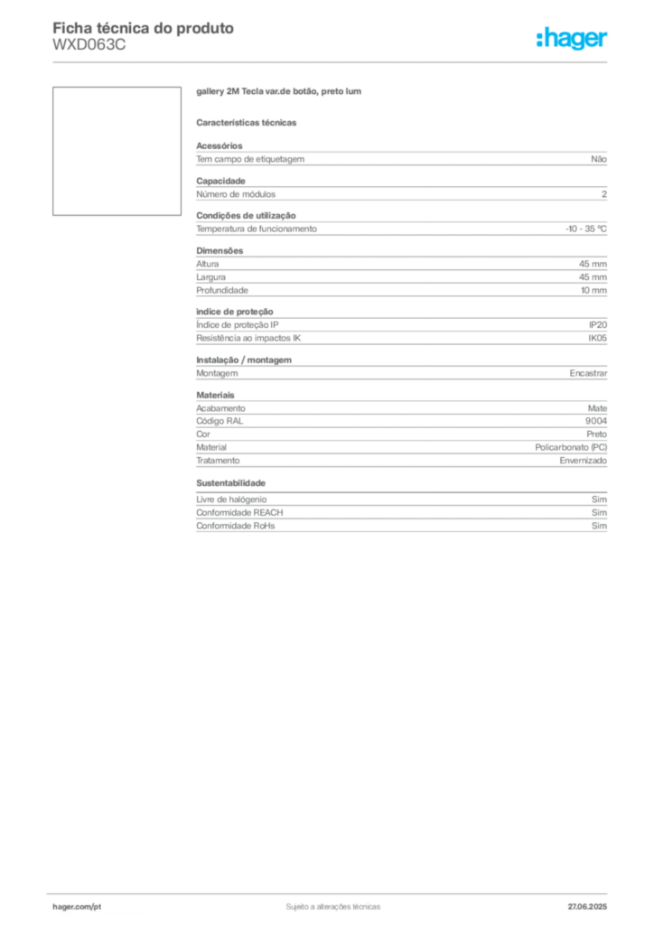 Imagem Hager Ficha técnica do produto WXD063C | Hager Portugal