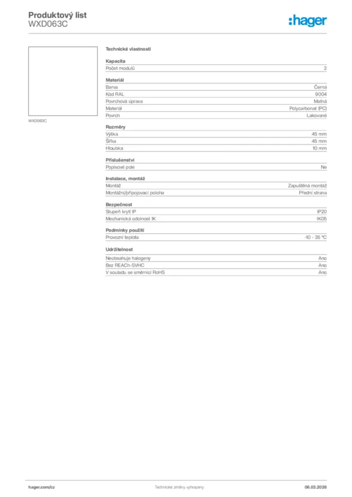 Obrázek Hager Product data sheet WXD063C | Hager