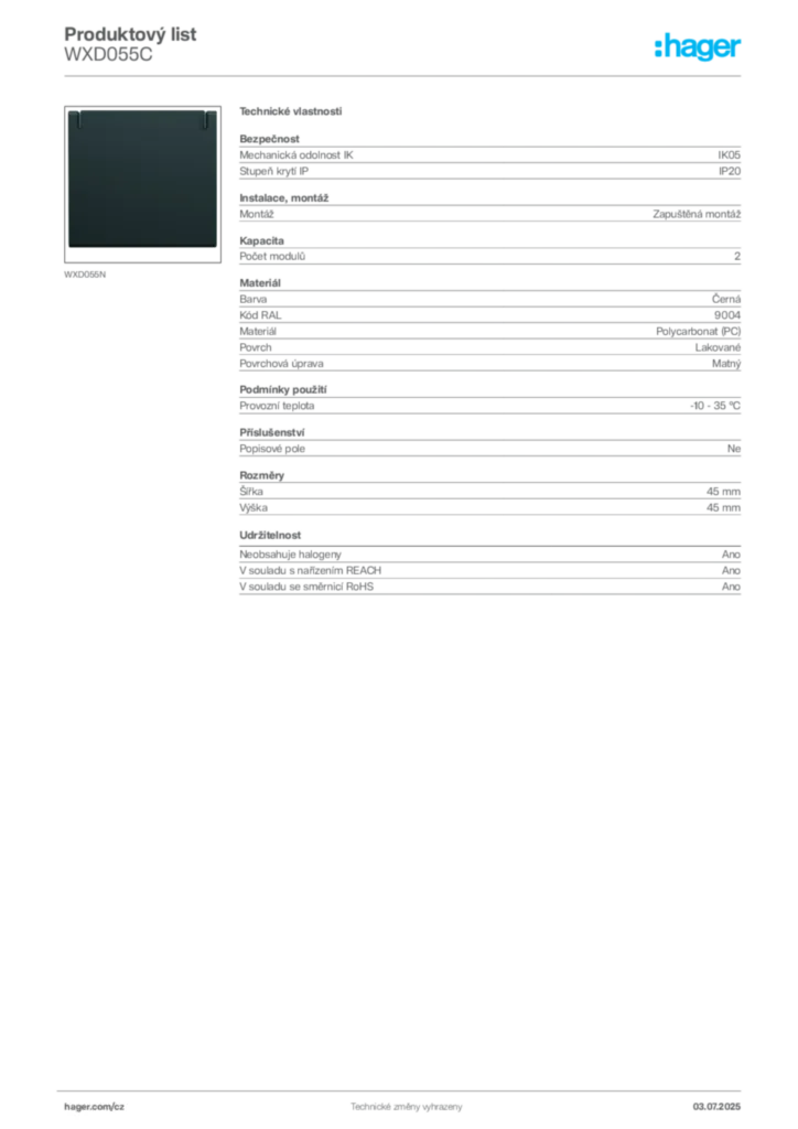 Obrázek Hager Product data sheet WXD055C | Hager