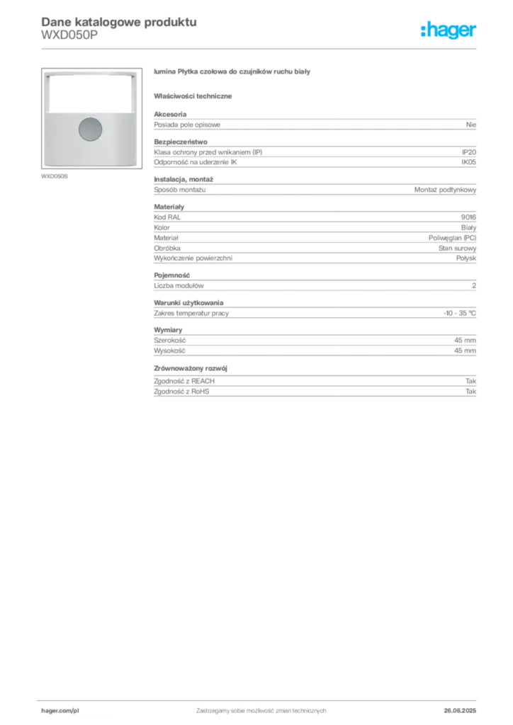 Zdjęcie Hager Dane katalogowe produktu WXD050P | Hager Polska