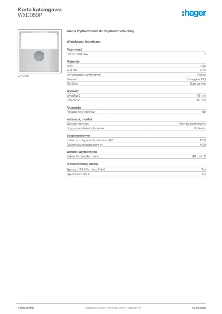 Zdjęcie Hager Karta katalogowa WXD050P | Hager Polska