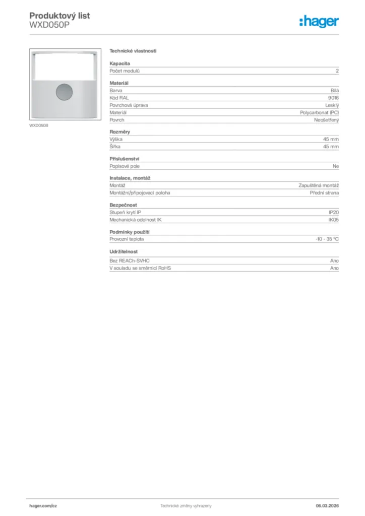 Obrázek Hager Product data sheet WXD050P | Hager