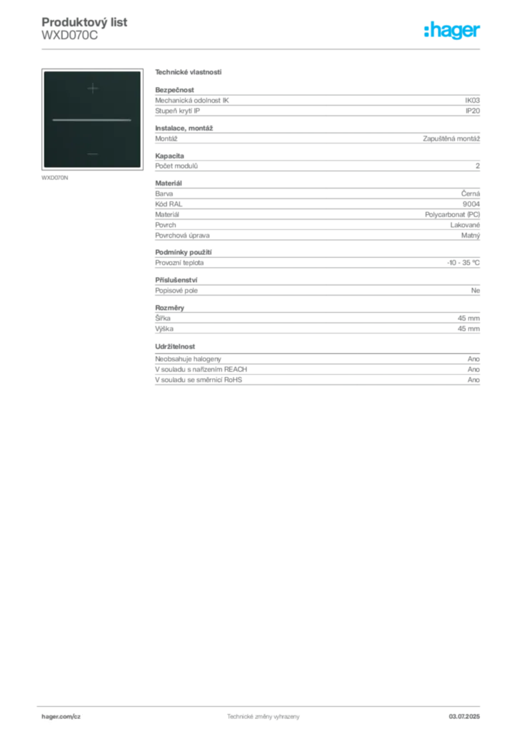 Obrázek Hager Product data sheet WXD070C | Hager