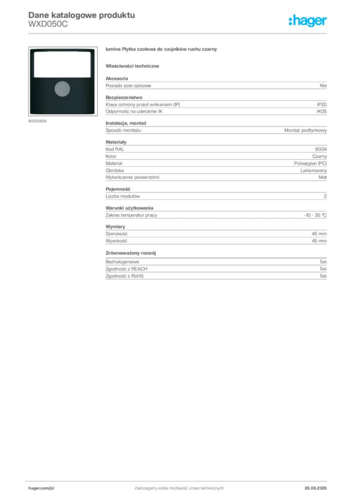 Zdjęcie Hager Dane katalogowe produktu WXD050C | Hager Polska