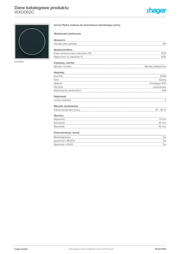 Zdjęcie Hager Dane katalogowe produktu WXD062C | Hager Polska