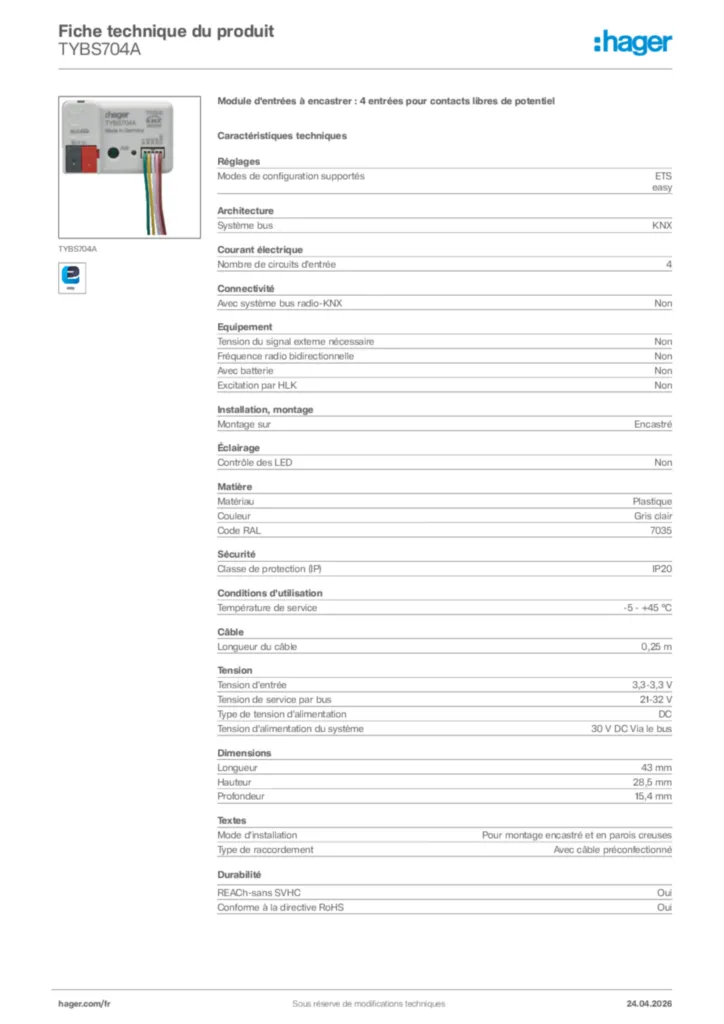 Image Hager Fiche technique du produit TYBS704A | Hager France
