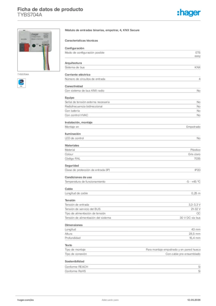 Imagen Hager Ficha de datos de producto TYBS704A | Hager España