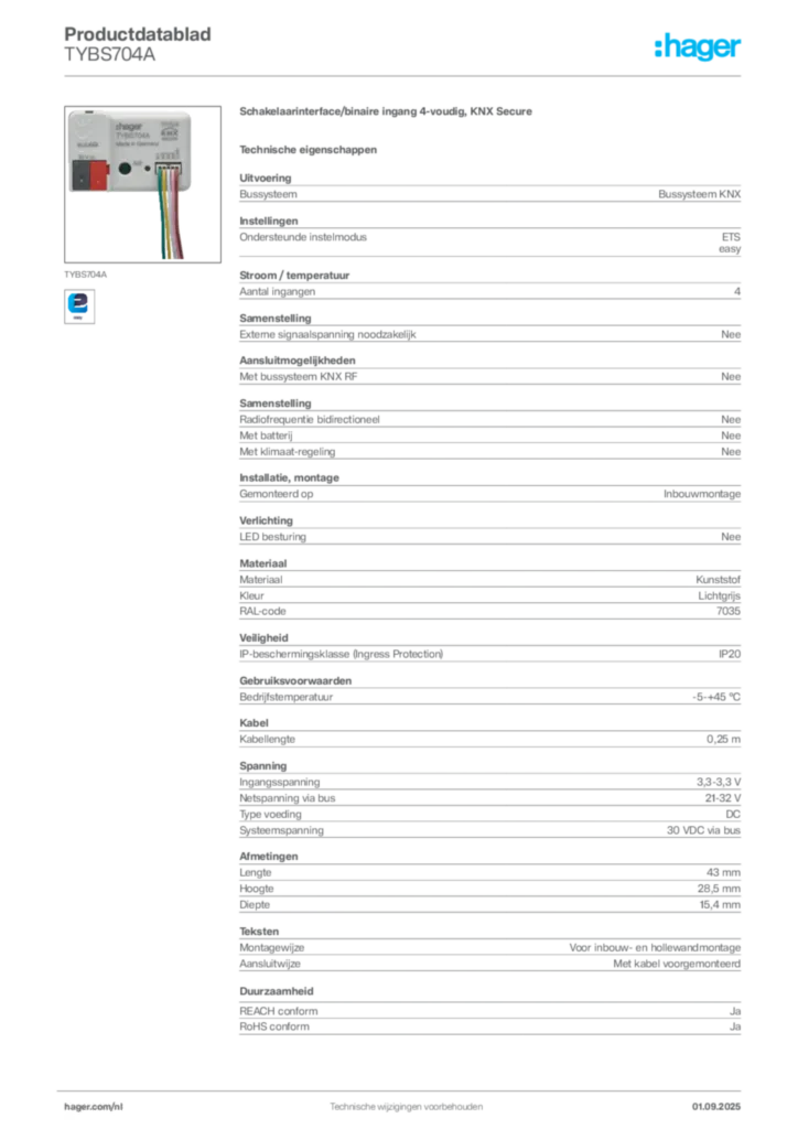 Afbeelding Hager Productdatablad TYBS704A | Hager Nederland