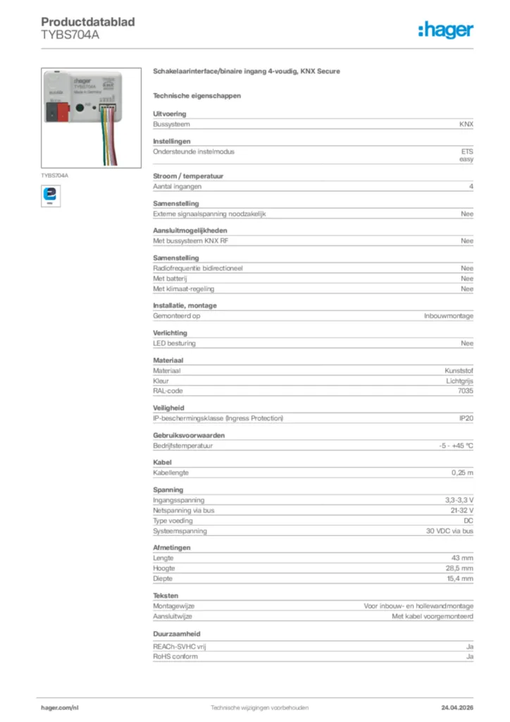 Afbeelding Hager Productdatablad TYBS704A | Hager Nederland