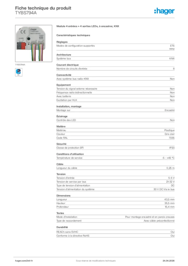 Image Hager Fiche technique du produit TYBS794A | Hager Afrique