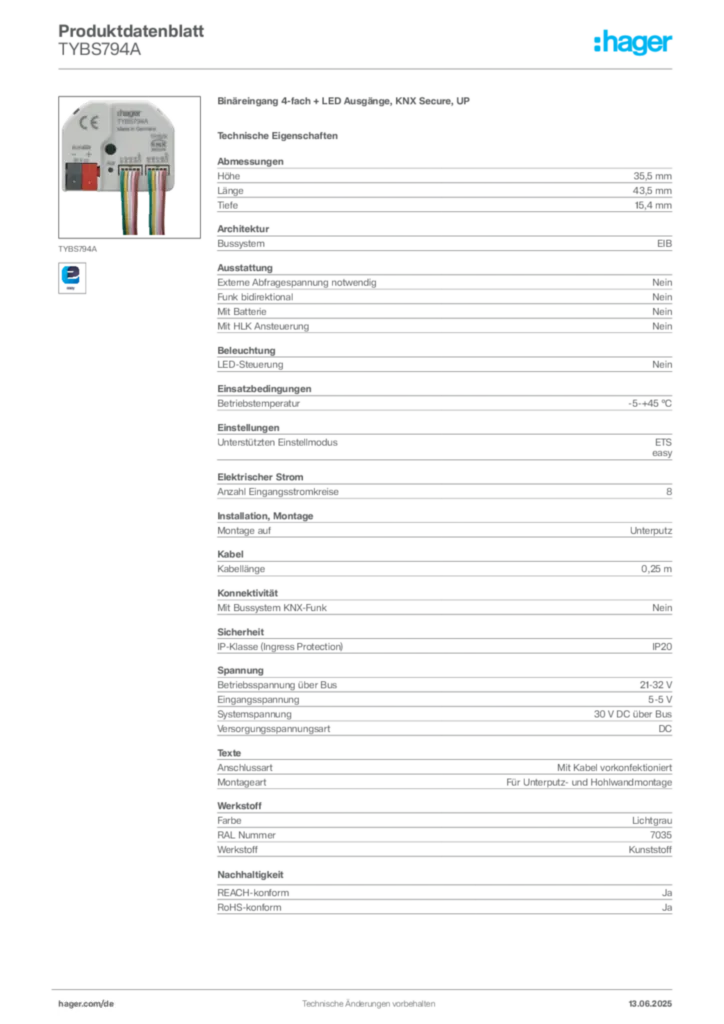 Bild Hager Produktdatenblatt TYBS794A | Hager Deutschland