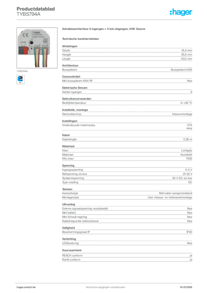 Afbeelding Hager Productdatablad TYBS794A | Hager Belgium